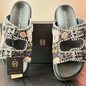 House of Harlow 1960 Black Beaded Floral Slide Sandals